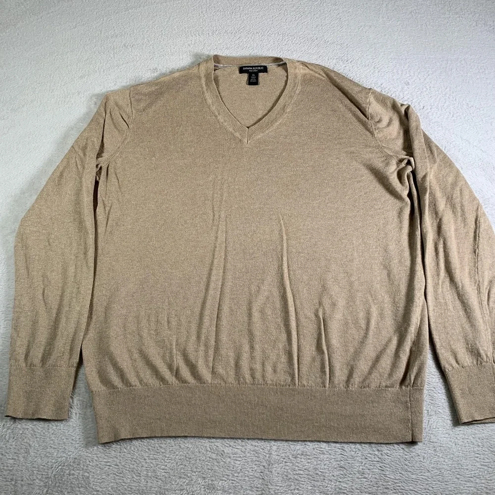 Banana Republic Sweater Mens XL Beige V Neck Silk‎ Linen Lightweight Pullover